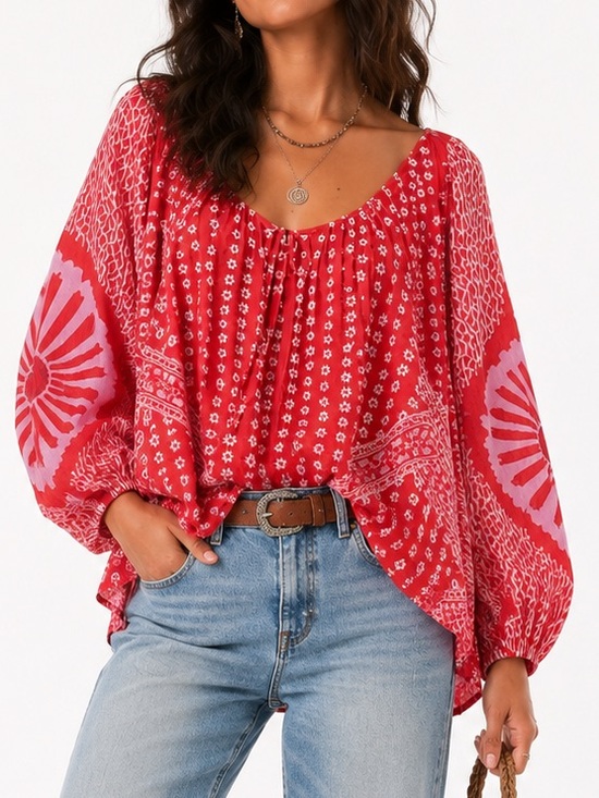 Tops - FREE PEOPLE Boho Floral Printed Flowy Blouse - Size XS - Red Combo - NWT